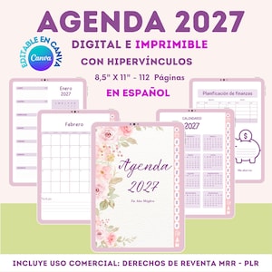 Puede incluir: Una agenda digital 2027 en español de 112 páginas que mide 21,59 cm por 27,94 cm. La agenda incluye una portada floral, calendarios mensuales, páginas de planificación financiera con un icono de alcancía y plantillas editables en Canva.