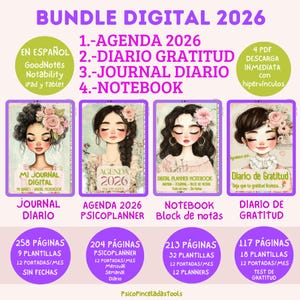 Puede incluir: Paquete de planificadores digitales para 2026, con cuatro cuadernos digitales: Agenda, Diario de Gratitud, Diario y Cuaderno. Cada cuaderno tiene una portada ilustrada única con un diseño floral. Incluye de 258 a 117 páginas con plantillas.