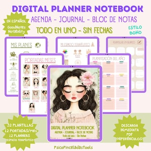Puede incluir: Cuaderno de planificación digital de estilo boho. La portada presenta una ilustración de acuarela de una mujer con una flor en el pelo. Incluye plantillas de agenda, diario y toma de notas. El texto dice "Digital Planner Notebook" y "Todo en uno - Sin fechas".