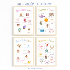 May include: Four framed posters titled KIT - RINCÓN DE LA CALMA, each featuring colourful watercolour illustrations of various objects like globes, butterflies, clocks, and plants, accompanied by Spanish text descriptions for a calm corner.