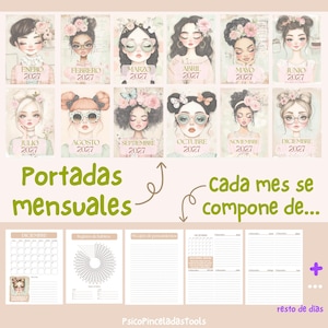May include: A 2027 digital planner set featuring twelve illustrated monthly covers with diverse characters, plus interior pages including a monthly calendar, habit tracker, thought log, and daily planning sheets with the text Portadas mensuales.
