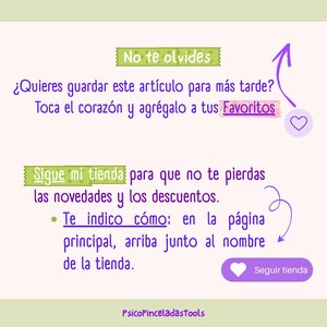 May include: An informational graphic with purple text on a light background. It includes the phrases No te olvides, Favoritos, Sigue mi tienda, and Te indico c&oacute;mo, alongside a heart icon, a Seguir tienda button, and arrows pointing to UI elements.