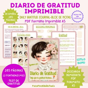 Puede incluir: Un diario de gratitud imprimible digital en español, con 285 páginas. El diario incluye secciones para la gratitud, portadas mensuales y un test de gratitud. El diseño es de estilo boho y está disponible en formato PDF.