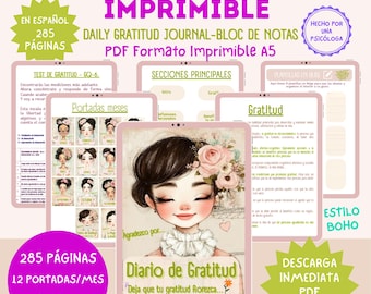 Diario de GRATITUD imprimible en Español | pdf descargable A5 | contiene TEST de Gratitud | Empoderamiento femenino | Boho Style | Gratitude