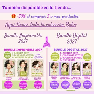May include: A digital and printable 2027 planner bundle featuring illustrated covers with floral accents. The text includes Bundle Imprimible 2027, Bundle Digital 2027, Agenda 2027, Diario Gratitud, Journal Diario, and Notebook, detailing page counts and formats.
