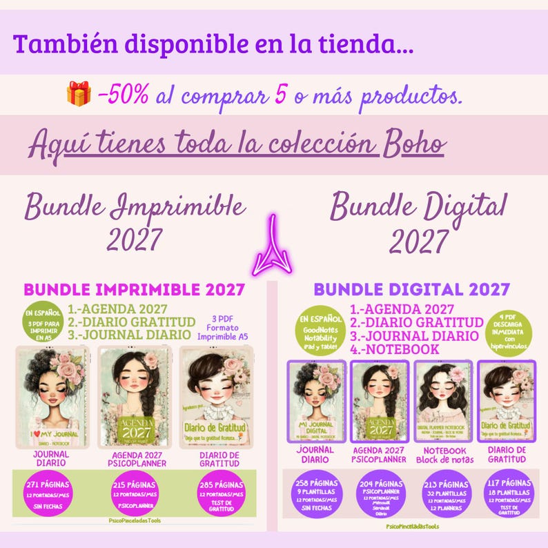 May include: A digital and printable 2027 planner bundle featuring illustrated covers with floral accents. The text includes Bundle Imprimible 2027, Bundle Digital 2027, Agenda 2027, Diario Gratitud, Journal Diario, and Notebook, detailing page counts and formats.