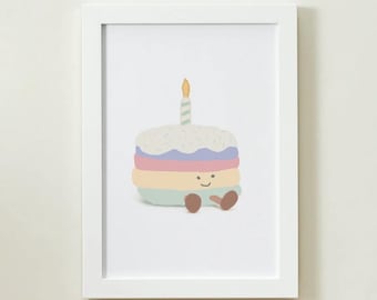 Niedliche Geburtstagstorte Kunstdruck, Jellycat-inspiriertes, pastellfarbenes Kinderzimmer (Digitaler Download)