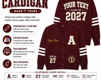 Custom Varsity Cardigan Sweater, Personalized Senior Class of 2027 Apparel