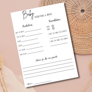 Carte de prédiction minimaliste | Modèle de prédictions et conseils pour une baby shower |  Jeu de Baby Shower | Conseils et souhaits pour les futurs parents