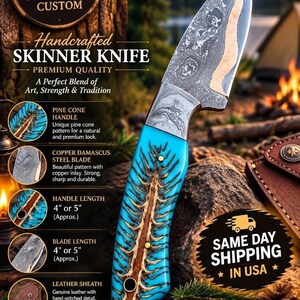 Handcrafted Copper Damascus Steel Hunting Knife, Pine Cone Handle, Leather Sheath (9 Inch)Gut Hook
