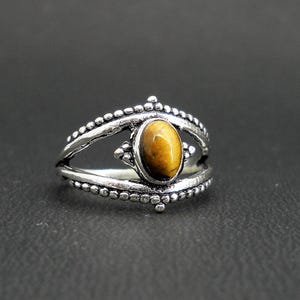 Tigerögonring i massivt 925 sterlingsilver, handgjord ring med delad skaft och boho tribal, unika statement-smycken