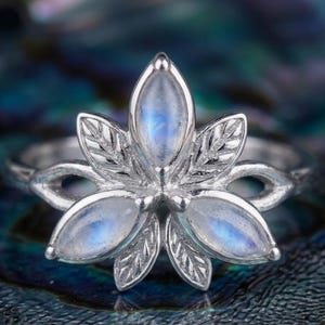 Rainbow Moonstone Lotus Ring- 925 Sterling Silver, June Birthstone Floral Leaf Marquise Stone Nature Inspired Spiritual Jewelry Gift for Her