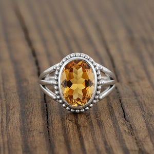 Citrin Statement Ring • Massivt 925 Sterling Silver • 8 x 10 mm Oval Natursten • Handgjord Split Band Vintage Style Ädelstenssmycken