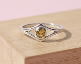 Minimalist Citrine Chevron Ring- Solid 925 Sterling Silver 5mm Round Bezel Set Natural Stone, Double V Shape Yellow Eye November Birth Ring