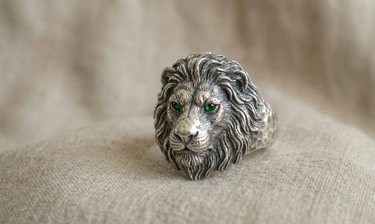 Lion Head Ring 925 Sterling Silver Hammered Band With Green Onyx