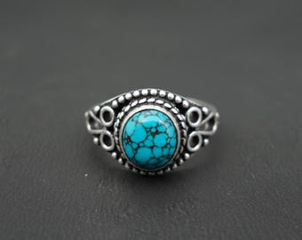 Anillo de turquesa tibetana en plata de ley 925 maciza con engaste de cuentas, piedra cabujón natural, estilo vintage, filigrana antigua, joyería bohemia.