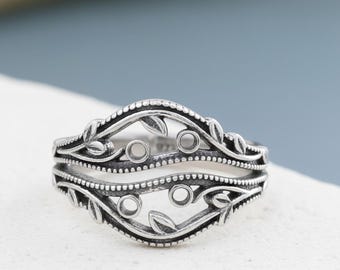 Boho Leaf Vine Ring- Solid 925 Sterling Silver Oxidized Nature Band Vintage Floral Botanical Thumb Ring Handmade Jewelry Gift for Her