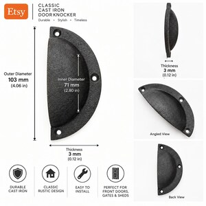 May include: A black cast iron semi-circular door knocker with a textured finish. Dimensions include an outer diameter of 103 mm, an inner diameter of 71 mm, and a thickness of 3 mm. The image displays front, side, angled, and back views of the hardware.