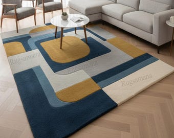 Mid Century Modern Geometric Hand Tufted Rug, Blue Mustard Abstract Area Rug, Luxury Contemporary Carpet, Living Room Statement Rug,