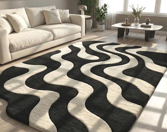 Black and White Wavy Rug|Hand Tufted Abstract Area Rug 8x10|Modern Organic Shape Carpet| Minimalist Living Room Rug|Custom Size Designer Rug