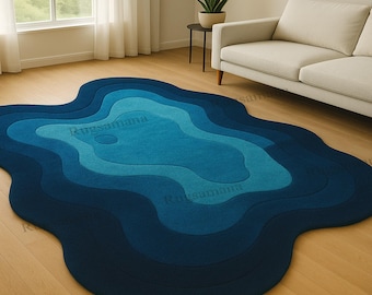 Hand Tufted Wool Rug, Irregular Blue Abstract Design