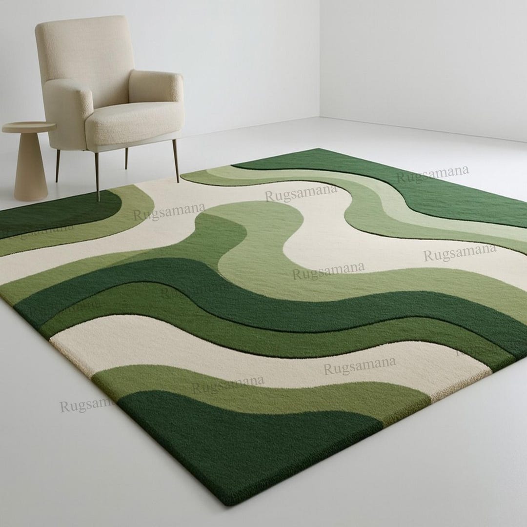 Modern Green & Cream Abstract Wool Area Rug, High-low Sculpted Wave ...