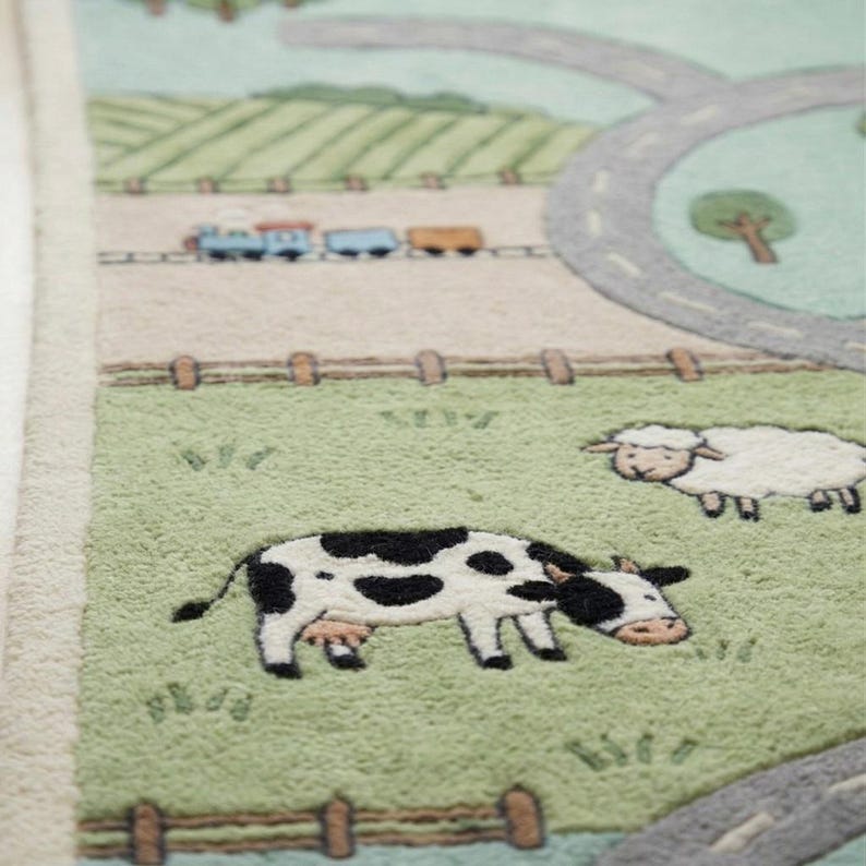 Kids Ranch Rug Hand Tufted Road Map Play Rug, Farm Animal Montessori Nursery Carpet ...