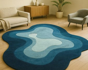 Hand-Tufted Irregular Wool Rug, Modern Blue Abstract Design