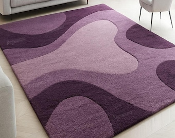 Hand Tufted Abstract Purple Rug, Modern Wavy Area Rug, Lilac Lavender Carpet, Minimalist Aesthetic Rug, Contemporary Living Room Decor,