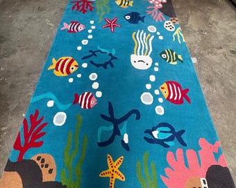 Ocean Kids Rug, Hand Tufted Sea Animal Carpet, Nursery Playroom Rug, Colorful Fish Rug, Underwater Theme Room Decor, Kids Area Rug.