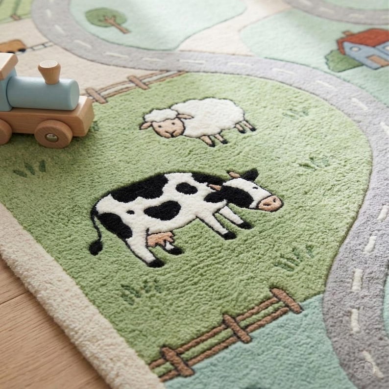 Kids Ranch Rug Hand Tufted Road Map Play Rug, Farm Animal Montessori Nursery Carpet ...