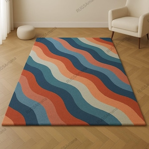 Wavy Striped Rug Hand Tufted Wool Area Rug in Retro Multicolor Modern Abstract Carpet for Living Room Bed Room Area Rug 5x8 5x7 Custom Rugs.