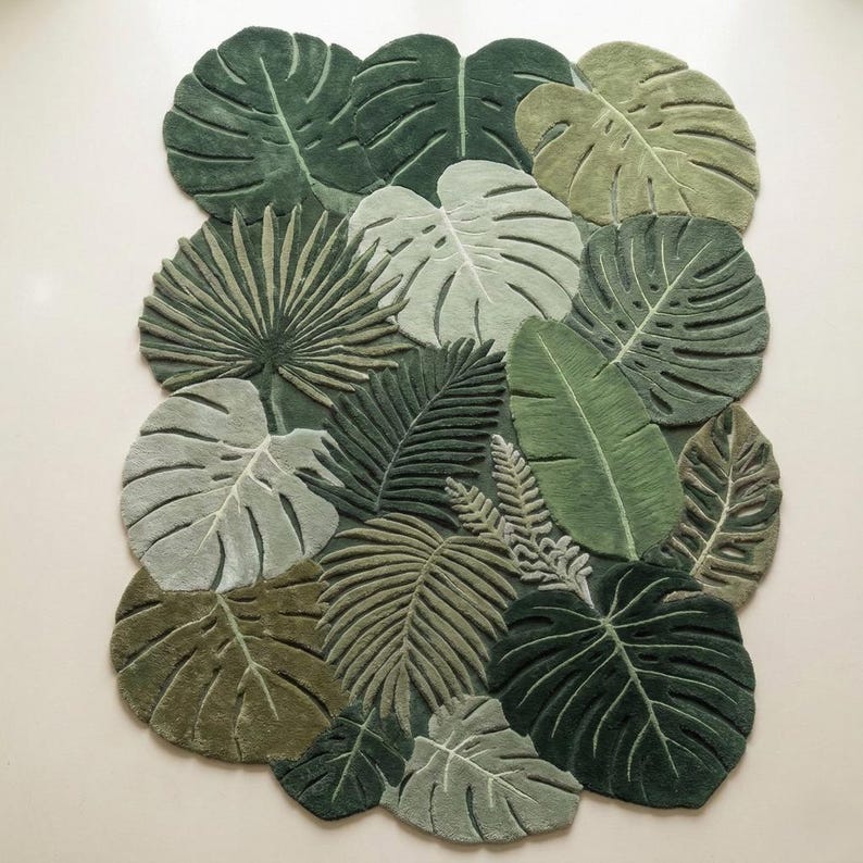 Hand Tufted Monstera Leaf Rug, Botanical Wool Carpet, Tropical Nature ...