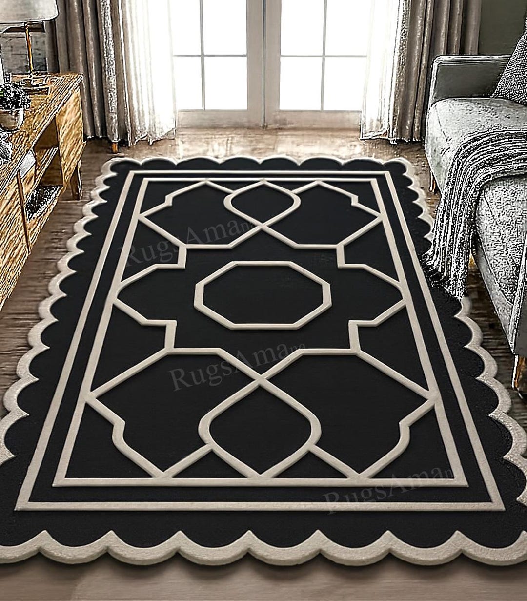 Black and White Geometric Rug With Scalloped Edge, Modern Area Rug - Etsy