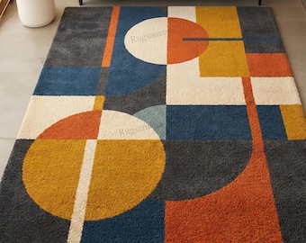 Modern Geometric Hand Tufted Rug, Abstract Bauhaus Area Rug, Color Block Living Room Carpet, Mid Century Modern Floor Decor,