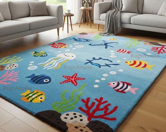 Ocean Kids Rug, Hand Tufted Sea Animal Carpet, Nursery Playroom Rug, Colorful Fish Rug, Underwater Theme Room Decor, Kids Area Rug.