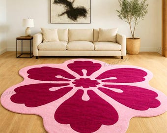 Hand Tufted Flower Rug, Pink Floral Area Rug, Large Statement Carpet, Aesthetic Room Decor, 4x7 Cute Irregular Shape Rug, Dopamine Decor,
