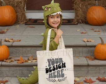 Kids Dino Tote Bag Mockup, Natural Halloween, Spooky Bag Mockup, Halloween Tote Bag Mockup, Trick or Treat Mock up, Canvas Tote Bag Mockup