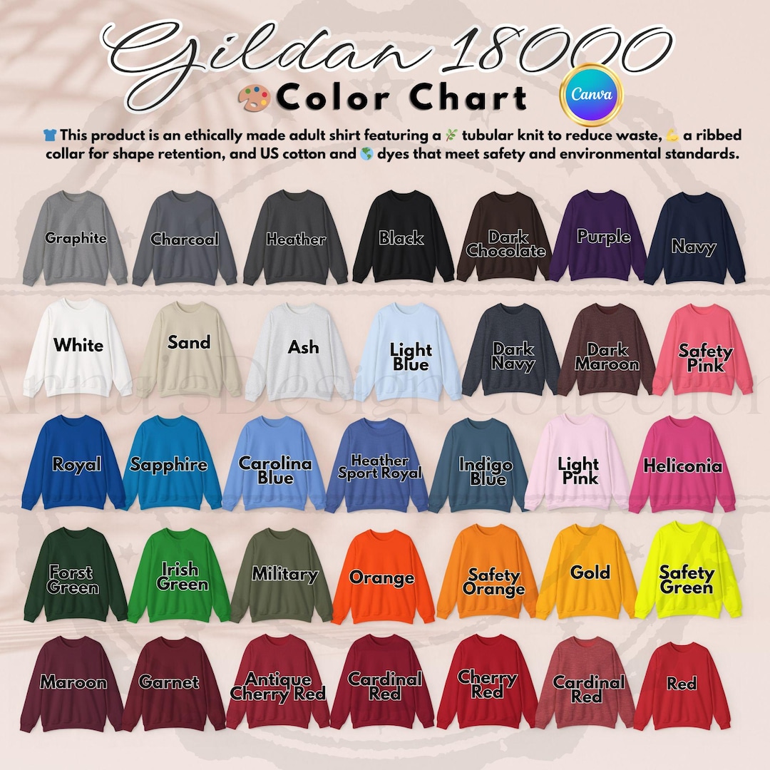 Gildan 18000 Color Chart, Gildan 18000 Sweatshirt Color Chart, Color ...