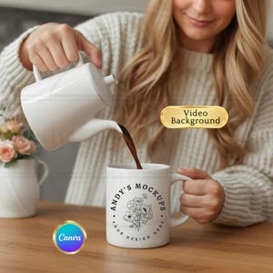 Pode incluir: Uma caneca branca com o texto "ANDY'S MOCKUPS" e um design floral está sendo preenchida com café de uma chaleira branca. A caneca está em uma superfície de madeira. Um logotipo Canva está no canto inferior esquerdo.