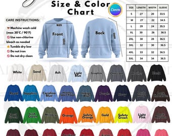 Gildan 18000 maat- en kleurenkaart, Gildan 18000-sweater maattabel, kleurenkaart voor Gildan 18000-sweater bewerkbare canva JPEG-download