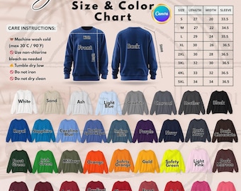 Gildan 18000 Size & Color Chart, Gildan 18000 Sweatshirt Size Chart, Color Chart for Gildan 18000 Sweatshirt Editable Canva JPEG All colors