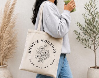 Canvas Tote Bag Mockup Neutral | Female Model Tote Bag Styled Stock Photo | Etsy Shop Mockup | Digital JPEG Download