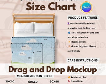 Velveteen Plush Blanket Size Chart, Throw Blanket Chart, Kids Blanket Size Guide, Blanket drag and drop mockup, Baby Blanket Size Chart