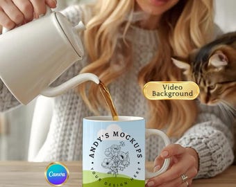Wideo z makietą kubka, wideo z makietą szablonu Canva, wideo z makietą kubka, przeciągnij i upuść makietę kubka, szablon MP4 z makietą kubka Canva z motywem kota