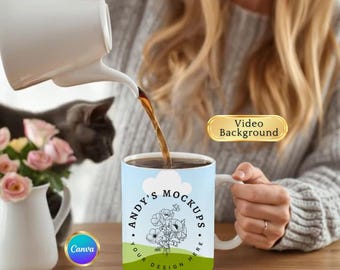 Wideo z makietą kubka, wideo z makietą szablonu Canva, wideo z makietą kubka, przeciągnij i upuść makietę kubka, szablon MP4 z makietą kubka Canva z motywem kota