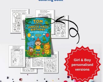 Personalized Jungle Birthday Coloring Book: Safari Adventure Story (Digital Download)