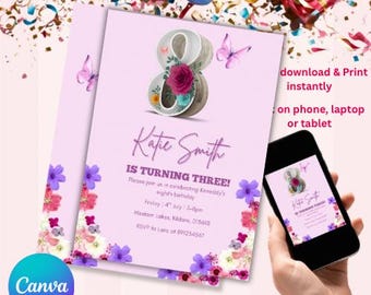 May include: A lilac birthday invitation with floral accents and the text "Katie Smith IS TURNING THREE!" A smartphone displays the same design. The invitation includes the text "download & Print instantly".