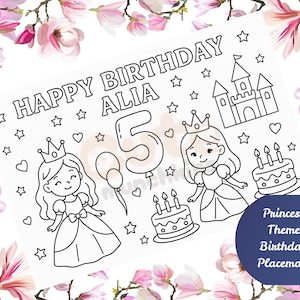 Personalised Princess birthday Coloring Placemat -  One party colouring pages - Princess theme Birthday favours - Party Princess Colouring