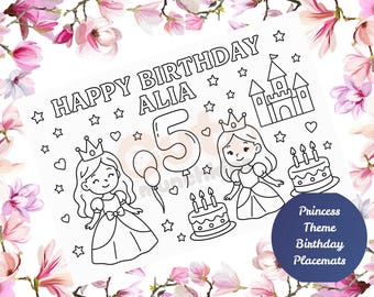 Gepersonaliseerde kleurplaatplacemat prinses: feestbedankje (digitale download)